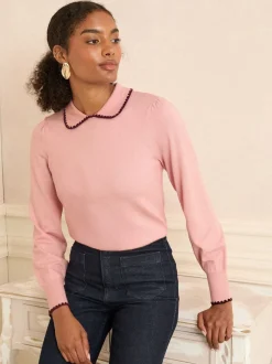 Roze met rand - Love & Roses gebreide trui met kraag