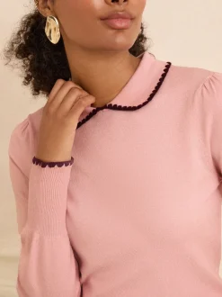 Roze met rand - Love & Roses gebreide trui met kraag