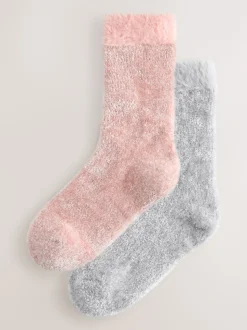 Roze/grijs met glans - 2 paar knusse fluwelen sokken