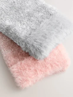 Roze/grijs met glans - 2 paar knusse fluwelen sokken