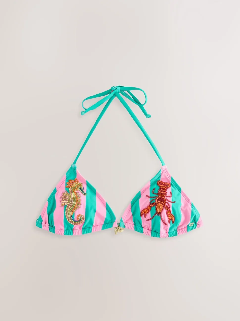 Roze/groene strepen - Beaded Embellished Triangle Bikini Top