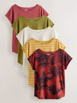 Roze/Groen/Wit/Geel strepen/palmprint - Set van 5 T-shirts met kapmouwtjes