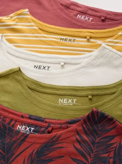 Roze/Groen/Wit/Geel strepen/palmprint - Set van 5 T-shirts met kapmouwtjes