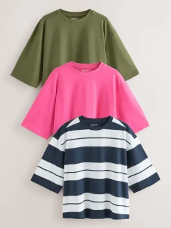 Roze/kaki/Strepen - T-shirts met ronde hals en driekwart mouwen van 100% katoen, set van 3