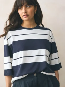 Roze/kaki/Strepen - T-shirts met ronde hals en driekwart mouwen van 100% katoen, set van 3