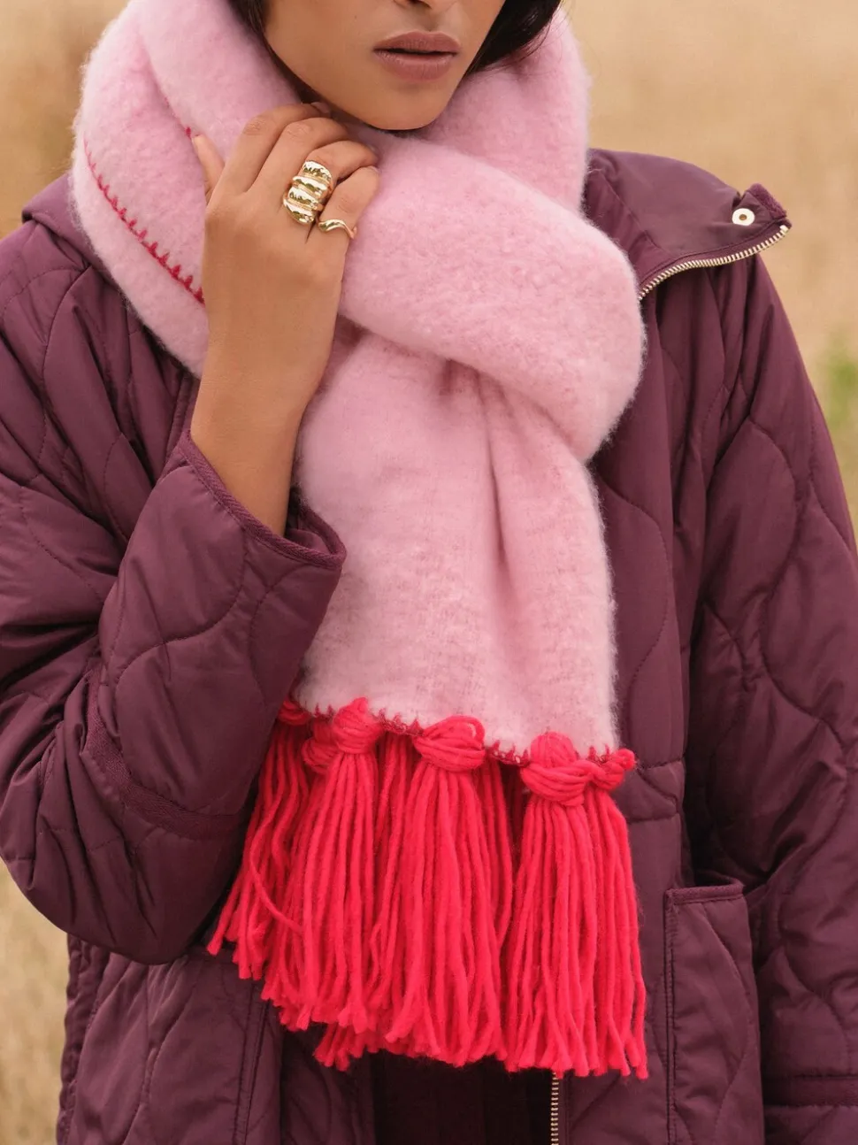 Roze/rood - Love & Roses Tassel Cosy Contrast Brushed Scarf