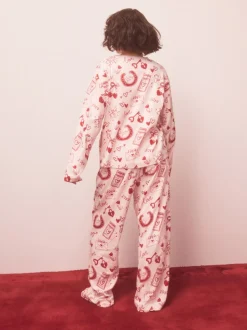 Roze/rood met hart - Geribbelde pyjama met lange mouwen