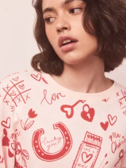 Roze/rood met hart - Geribbelde pyjama met lange mouwen