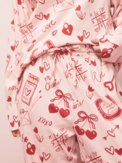 Roze/rood met hart - Geribbelde pyjama met lange mouwen