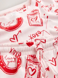 Roze/rood met hart - Geribbelde pyjama met lange mouwen