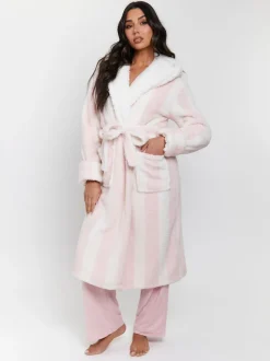 Roze/wit - Loungeable - Dikke gestreepte midi-badjas met capuchon van sherpa