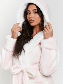 Roze/wit - Loungeable - Dikke gestreepte midi-badjas met capuchon van sherpa