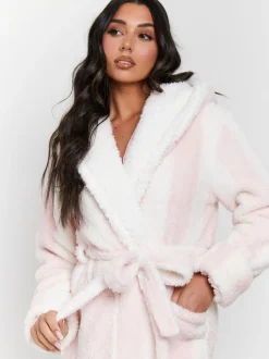 Roze/wit - Loungeable - Dikke gestreepte midi-badjas met capuchon van sherpa