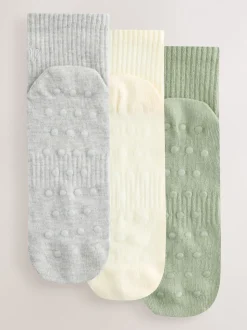 Sage Green/Cream/Grey - self. Cropped Ankle Embroidered Logo Gripper Socks 3 Pack