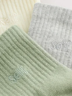 Sage Green/Cream/Grey - self. Cropped Ankle Embroidered Logo Gripper Socks 3 Pack