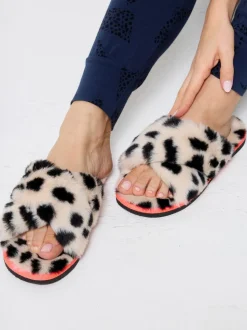 SCAMP & DUDE Cheetah & Lightning Bolt Faux Fur Cross Over Slippers