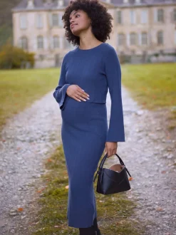 Seraphine Ribbed Knitted Maternity and Nursing Midi Dress