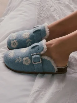 Shabby Chic by Rachel Ashwell® Blue Fur Footbed Embroidered Mule Slippers