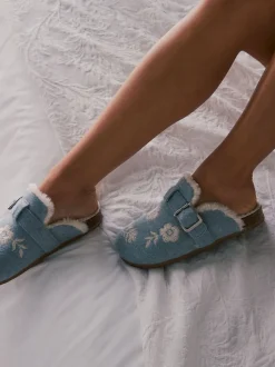 Shabby Chic by Rachel Ashwell® Blue Fur Footbed Embroidered Mule Slippers