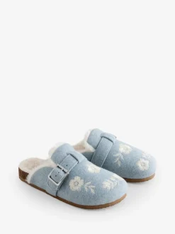 Shabby Chic by Rachel Ashwell® Blue Fur Footbed Embroidered Mule Slippers