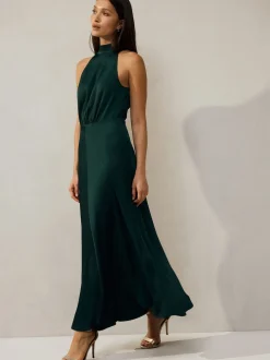 Smaragdgroen - Satijnen halter mouwloze midi-jurk met textuur