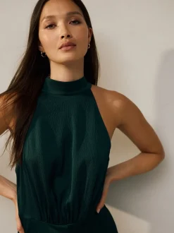 Smaragdgroen - Satijnen halter mouwloze midi-jurk met textuur