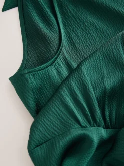 Smaragdgroen - Satijnen halter mouwloze midi-jurk met textuur