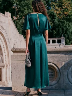 Smaragdgroen - Textured Satin Short Sleeve Twist Front Midi Dress