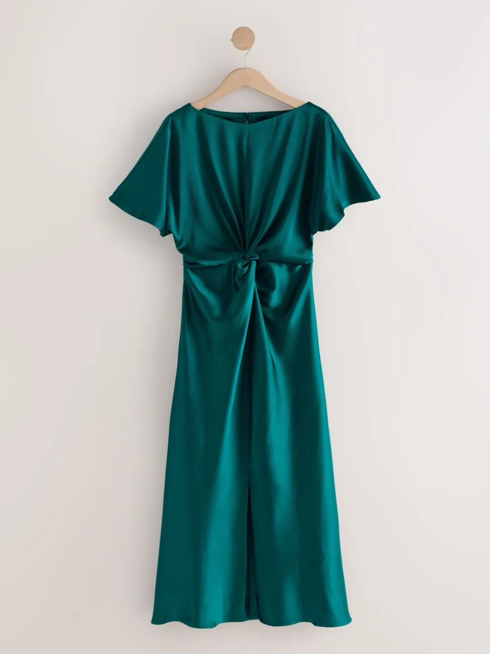 Smaragdgroen - Textured Satin Short Sleeve Twist Front Midi Dress