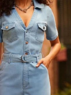 Sosandar - Culotte-denim jumpsuit met D-ringceintuur