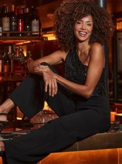 Sosandar - Jumpsuit met top met pailletten en één schouder