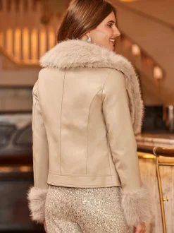Sosandar Faux Leather Biker Jacket With Faux Fur Trim