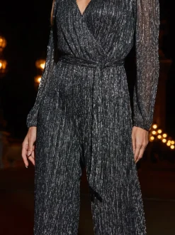Sosandar glitter plissé jumpsuit met overslag en wijde pijpen