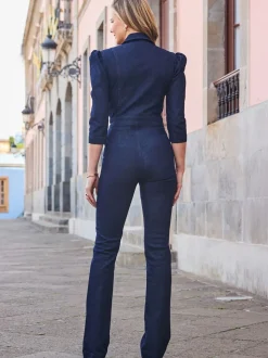 Sosandar Puff Sleeve Kicklare Denim Jumpsuit
