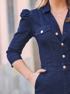 Sosandar Puff Sleeve Kicklare Denim Jumpsuit