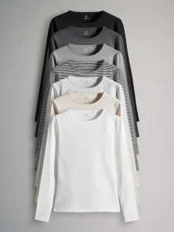 Strepen/Zwart/Grijs/Wit - The Set - 7 T-shirts met lange mouwen en ronde hals