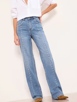Studded Mid Wash Blue - Lipsy Wide Leg Jeans