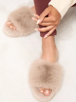 Taupe - Lipsy pantoffels van imitatiebont met plateauzool voor nachtkleding