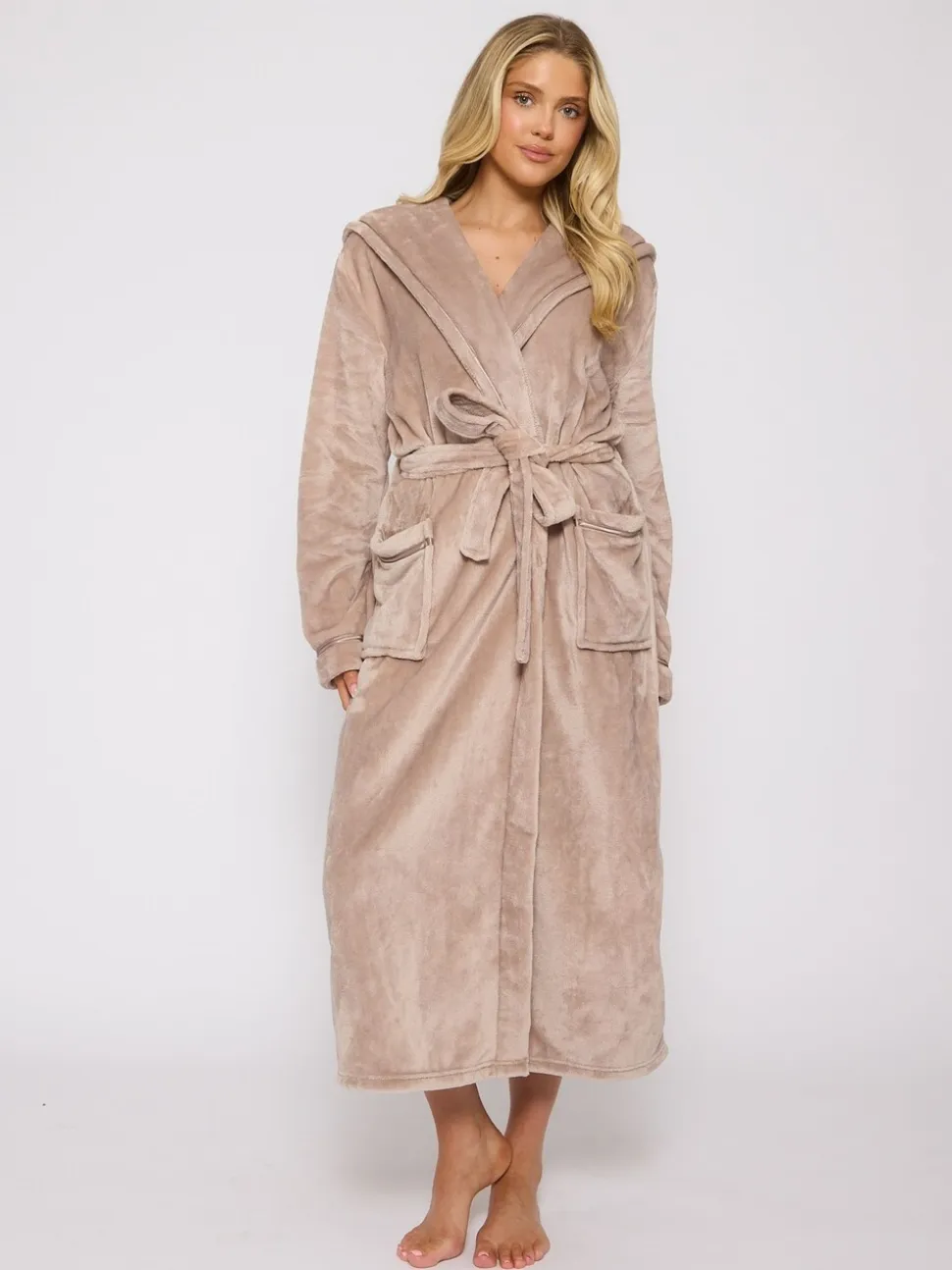 Taupe - Loungeable Christmas Ribbon Trim Luxury Fleece Hooded Maxi Robe