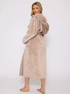 Taupe - Loungeable Christmas Ribbon Trim Luxury Fleece Hooded Maxi Robe