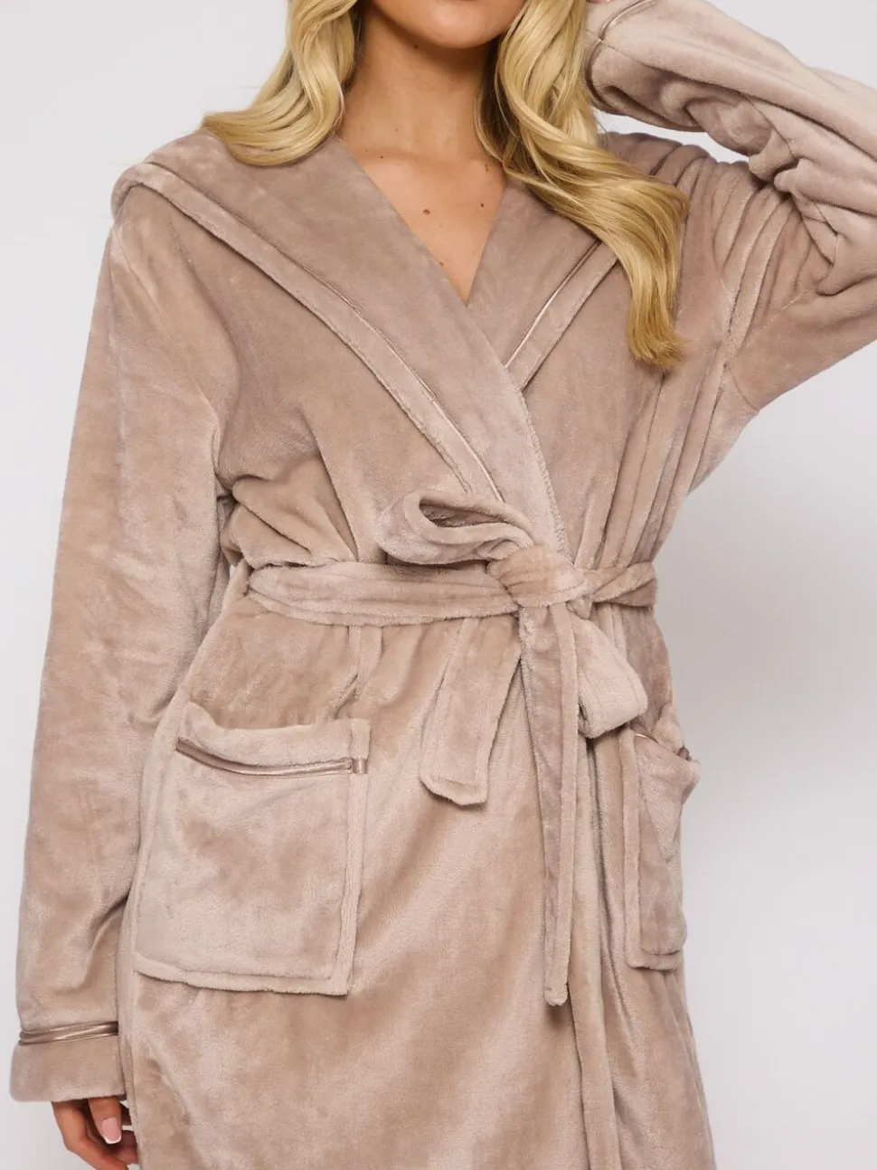 Taupe - Loungeable Christmas Ribbon Trim Luxury Fleece Hooded Maxi Robe