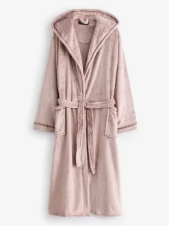 Taupe - Loungeable Christmas Ribbon Trim Luxury Fleece Hooded Maxi Robe