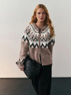 Taupe - Nothing Ordinary Check Fairisle Pattern Knit Zip Through Jumper With Wool