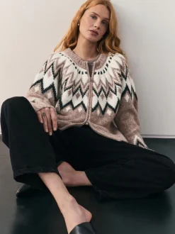 Taupe - Nothing Ordinary Check Fairisle Pattern Knit Zip Through Jumper With Wool