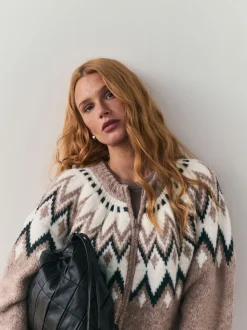 Taupe - Nothing Ordinary Check Fairisle Pattern Knit Zip Through Jumper With Wool