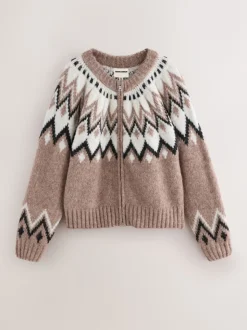 Taupe - Nothing Ordinary Check Fairisle Pattern Knit Zip Through Jumper With Wool