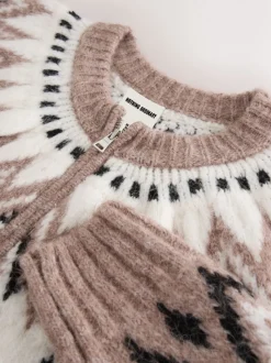 Taupe - Nothing Ordinary Check Fairisle Pattern Knit Zip Through Jumper With Wool