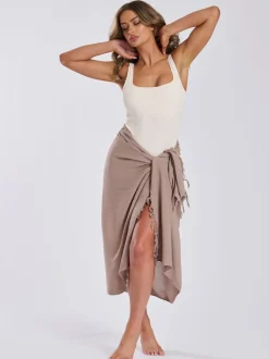 Taupe - South Beach - Gekreukte viscose sarong-tuniek met franje