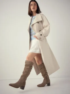 Taupe Brown Suede - Forever Comfort® Slouchy Knee High Block Heeled Boots