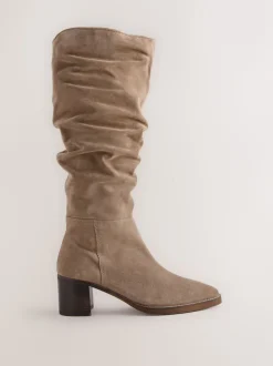 Taupe Brown Suede - Forever Comfort® Slouchy Knee High Block Heeled Boots